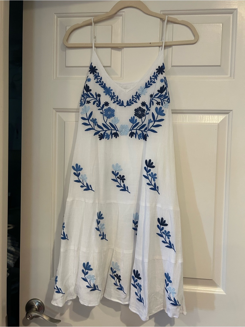 J. Marie White Spaghetti Strap Dress with Blue Floral Embroidery